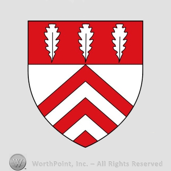 Heraldry: shield, leaves, red lines.