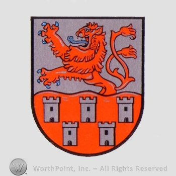 Heraldry: shield, lion rampant, towers.
