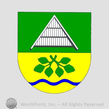 Heraldry: shield, house, wavy line, leaves.