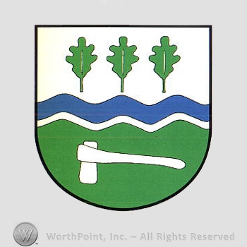 Heraldry: shield, oak leaves, axe, wavy line.