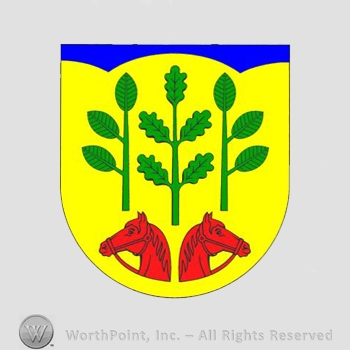 Heraldry: shield, two horse heads, plants.