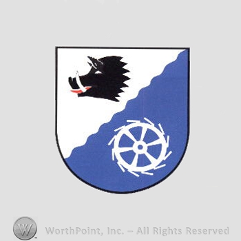 Heraldry: shield, boar's head, watermill.