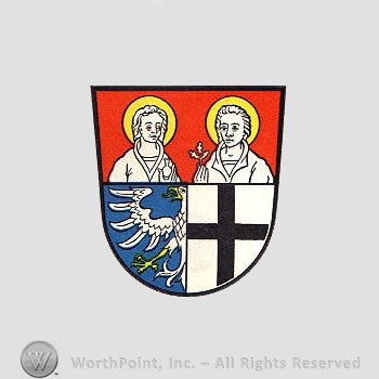 Heraldry: shield, two saints, half eagle, cross.