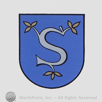 Heraldry: shield, letter S, leaves.