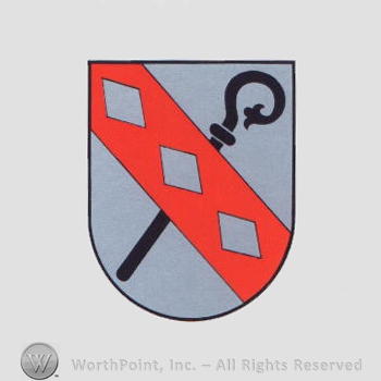 Heraldry: shield, diamonds, monastery stick.