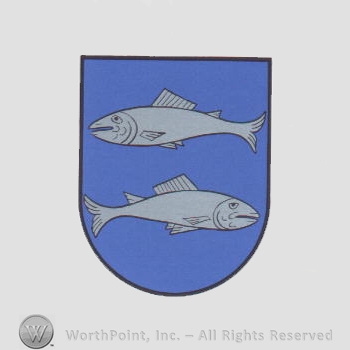 Heraldry: shield and two fishes.