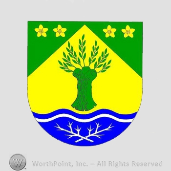 Heraldry: shield, branches, wavy line, flowers, wheat.