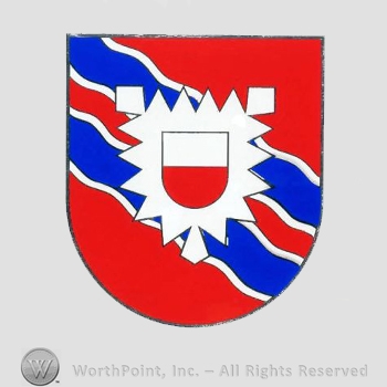 Heraldry: shield, wavy lines, leaf, small shield.