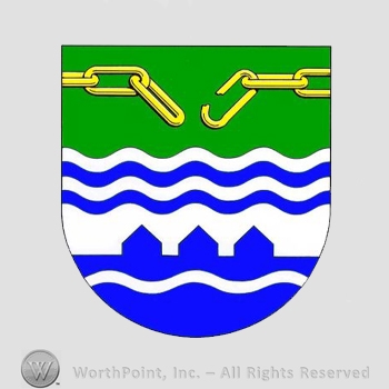 Heraldry: shield, wavy blue lines, three houses, broken chain.