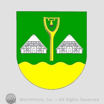 Heraldry: shield, two houses, bell, wavy line.
