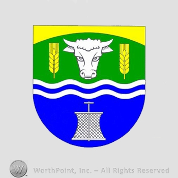 Heraldry: shield, bull head, wheat spice, wavy lines, basket.