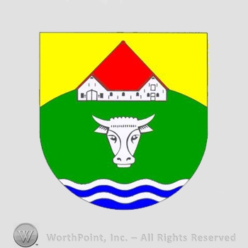 Heraldry: shield, bull head, house, wavy lines.