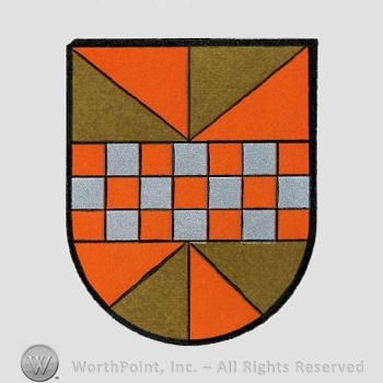 Heraldry: shield, triangles, chequered field.