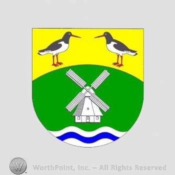 Heraldry: shield, two birds, mill, wavy line.