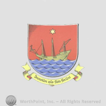 Heraldry: shileld, ship, waves, ribbon, star.