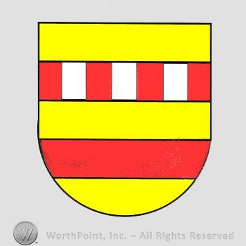 Heraldry: shield, red bar, red and white bar.