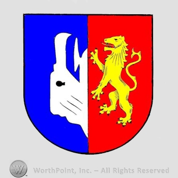 Heraldry: shield, lion rampant, half eagle.
