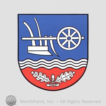 Heraldry: shield, plough, wavy lines, oak leaves, acrons.