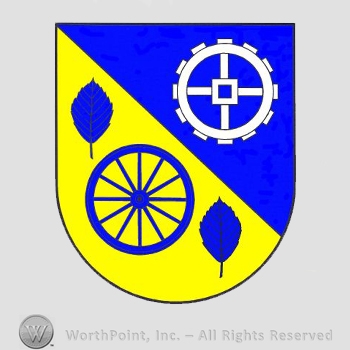 Heraldry: shield, cogwheel, wheel, leaves.