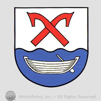 Heraldry: shield, boat, wavy line, horse head's sticks.