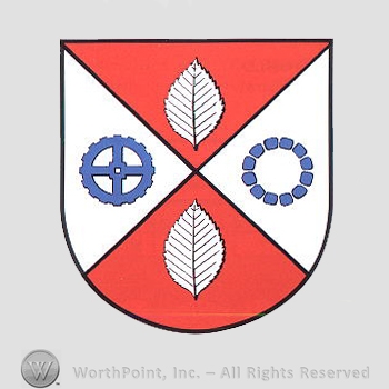 Heraldry: cogwheel, two leaves, stone bracelet.