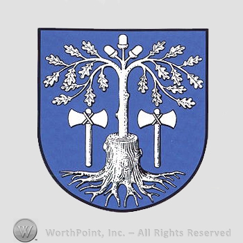 Heraldry: shield, oak tree, two axes, tree trunk, acrons.