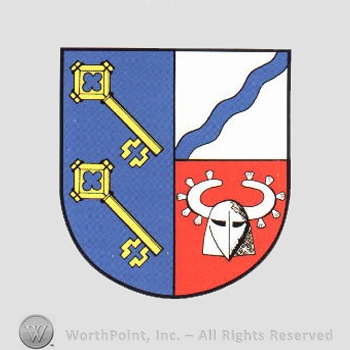 Heraldry: shield, keys, wavy line, helmet.