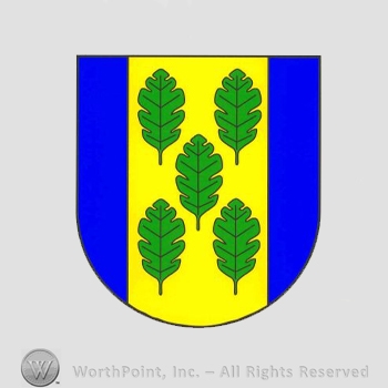 Heraldry: shield, five leaves.
