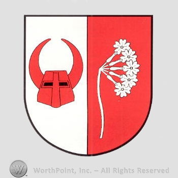 Heraldry: shield, helmet and flower.