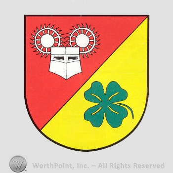 Heraldry: shield, clover leaf, helmet, wheels.