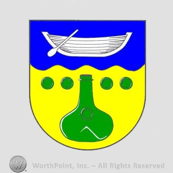 Heraldry: shield, boat, bottle, green dots.