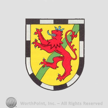 Heraldry: shield, lion rampant, crown, wavy line.