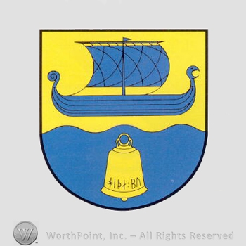 Heraldry: boat, shield, bell, wavy line.