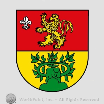 Heraldry: shield, lion rampant, fleur-de-lis, branches.