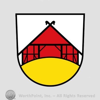 Heraldry: shield, house, hills.