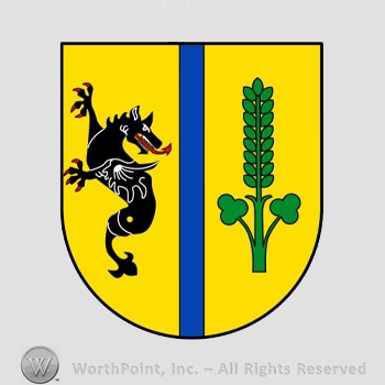 Heraldry: shield, wolf, blue line, plant.