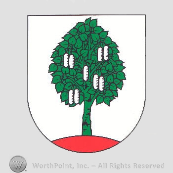 Heraldry: shield, tree, white tablets.