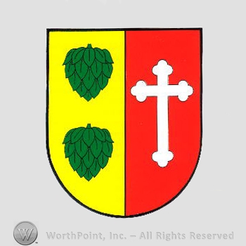 Heraldry: shield, cross, hop fruits.