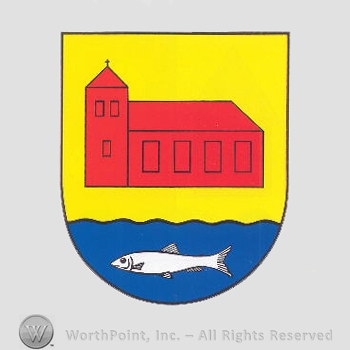 Heraldry: shield, church, fish, wavy line.