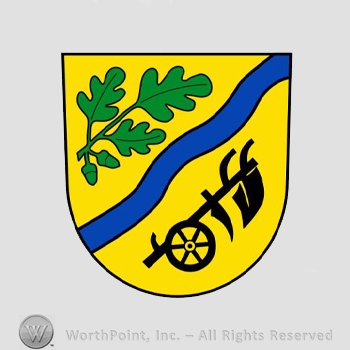 Heraldry: shield, oak leaf, plough, wavy line, acrons.