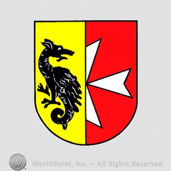 Heraldry: shield, griffin, half cross.