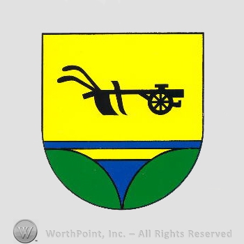 Heraldry: shield, plough, blue line.
