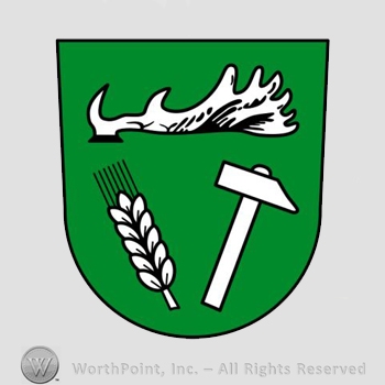 Heraldry: shield, antler, wheat spice, hammer.