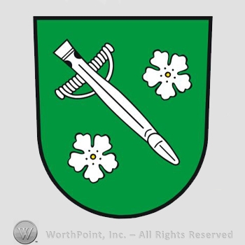 Heraldry: shield, sword, two flowers.