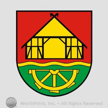 Heraldry: shield, house, wavy line, half wheel.