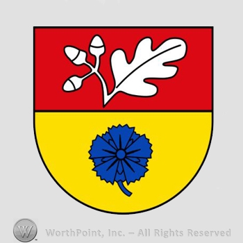 Heraldry: shield, oak leaf, acrons, flower.