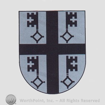 Heraldry: shield, cross, keys.