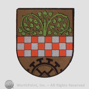 Heraldry: shield, chequered bar, water mill, branches.