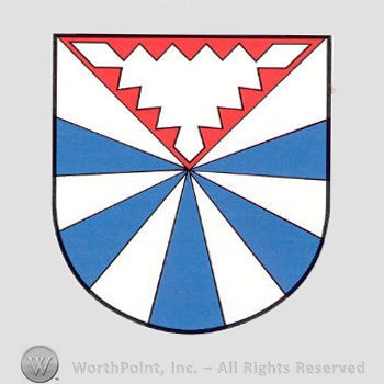 Heraldry: shield, dents, white and blue piles.