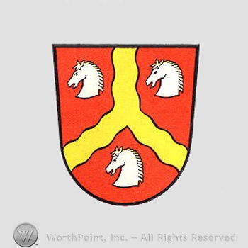 Heraldry: shield, wavy yellow lines, horse heads.